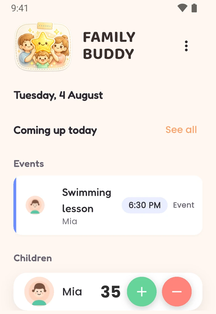 Family Buddy home screen showing today's schedule, a child's point total, and plus and minus buttons to award or deduct points
