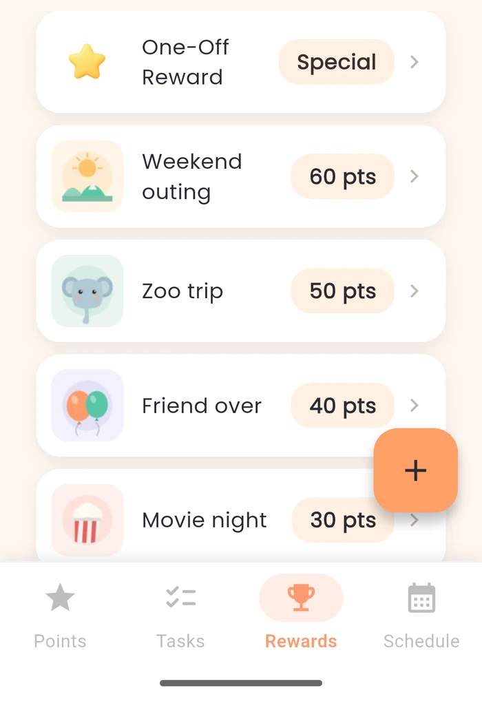 Family Buddy rewards screen showing four parent-defined rewards set at 30 to 60 points: weekend outing, zoo trip, friend over, movie night