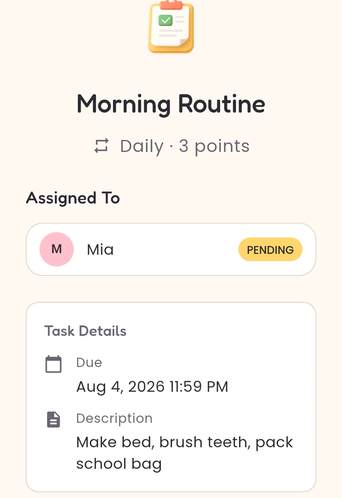 Family Buddy task details screen showing a daily morning routine worth 3 points with its steps listed: make bed, brush teeth, pack school bag
